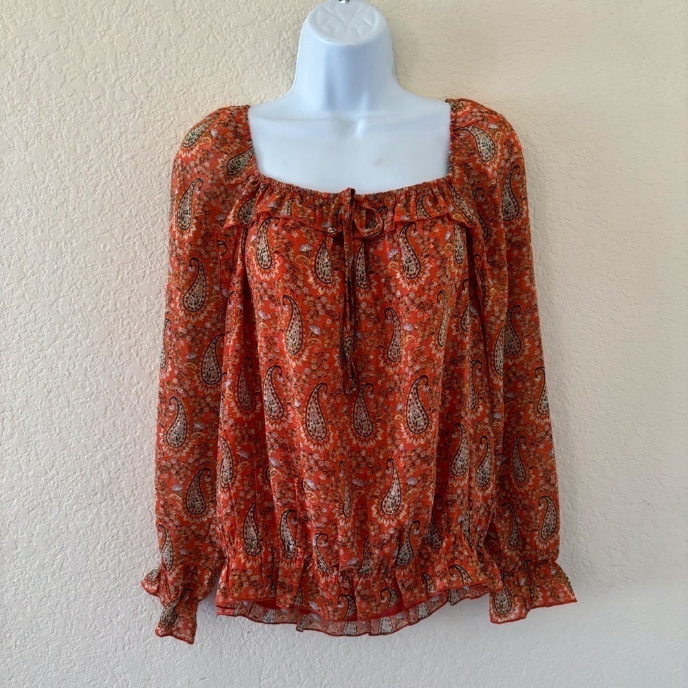 DR2 Paisley Blouse Medium Orange‎ Ruffle Square Neck Long Sleeve Smocked Hem